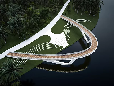 Curved Scenic Bridge With Wooden Deck And White Structure Over Water Surrounded By Palm Trees 3d model