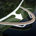 Curved Scenic Bridge With Wooden Deck And White Structure Over Water Surrounded By Palm Trees