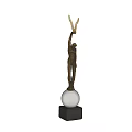 Bronze Human Sculpture With Raised Arms Holding Antler Objects On White Orb Black Base