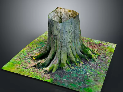Natural Wooden Tree Stump With Exposed Roots And Green Mossy Grass 3d model