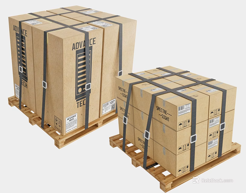 Sturdy Display Shelves Packaged in Cartons Secured with Black Straps on Wooden Pallets 3d model 