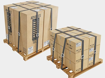 Sturdy Display Shelves Packaged in Cartons Secured with Black Straps on Wooden Pallets 3d model