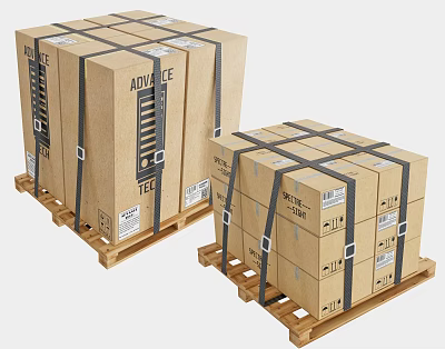 Sturdy Display Shelves Packaged in Cartons Secured with Black Straps on Wooden Pallets 3d model