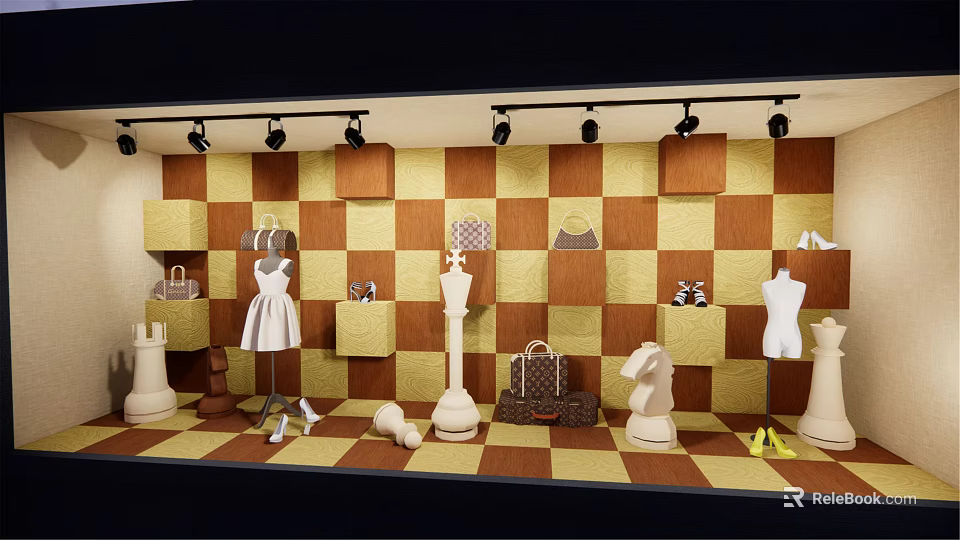 Stylish Window Display With Checkerboard Pattern Background Mannequins Dresses Handbags And Accessories 3d model 