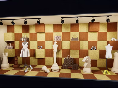 Stylish Window Display With Checkerboard Pattern Background Mannequins Dresses Handbags And Accessories 3d model