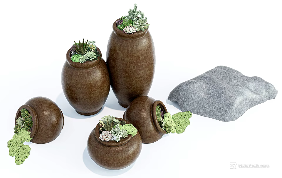 Decorative Ceramic Vessels with Succulent Plants and Natural Stones for Home Decor 3d model 
