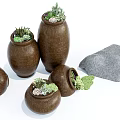 Decorative Ceramic Vessels with Succulent Plants and Natural Stones for Home Decor