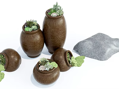 Decorative Ceramic Vessels with Succulent Plants and Natural Stones for Home Decor 3d model