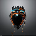 Futuristic Weapon Helmet with Black Orange Design and Blue Yellow Tech Cables