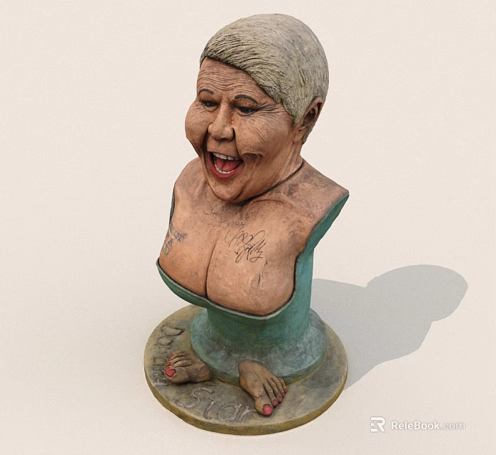 Artistic Female Bust Sculpture With Short Hair Laughing Expression Tattoos On Chest Green Outfit Base 3d model 