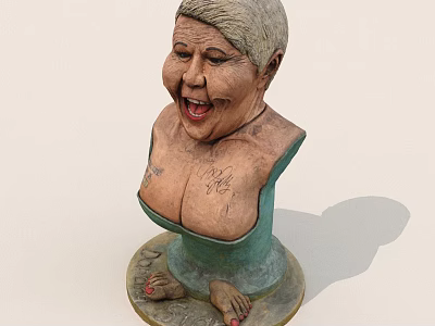 Artistic Female Bust Sculpture With Short Hair Laughing Expression Tattoos On Chest Green Outfit Base 3d model