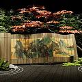 Traditional Garden With Wooden Screen Landscape Painting Red Maple Green Plants Moss And Stones