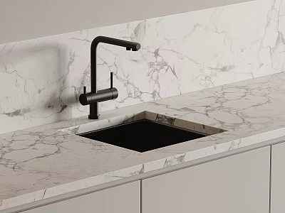 Sleek Black Kitchen Faucet In Modern Open Kitchen With Marble Countertop And Sink 3d model