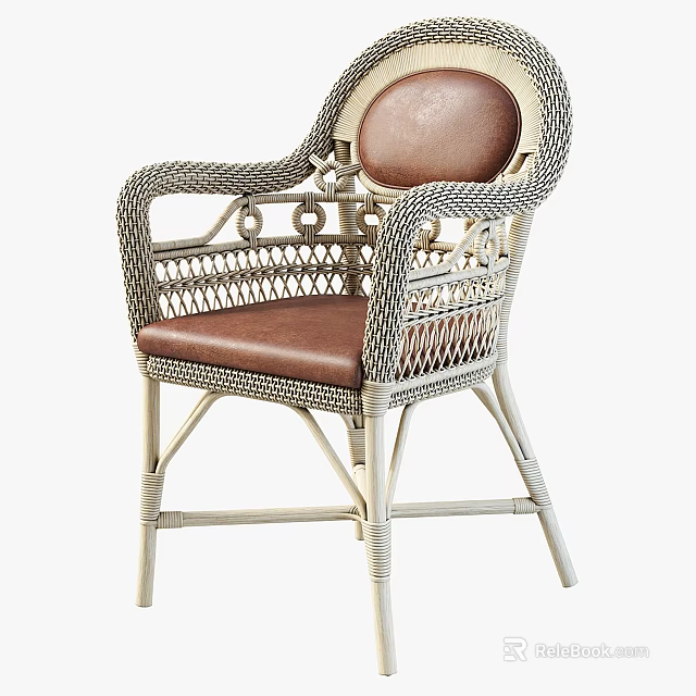 Woven Rattan Outdoor Chair With Brown Leather Seat And Decorative Armrests 3d model 