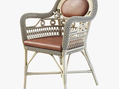 Woven Rattan Outdoor Chair With Brown Leather Seat And Decorative Armrests 3d model