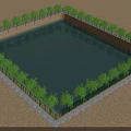Square Water Fountain Surrounded by Green Trees with Reflective Surface on Sandy Ground
