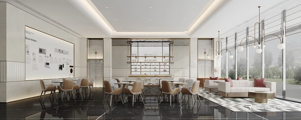 Elegant Modern Restaurant Interior With Stylish Dining Tables And Comfortable Seats 3d model