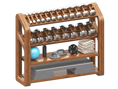 Wooden Fitness Equipment Rack With Multiple Layers Dumbbells Blue Exercise Ball Towels And Mat 3d model