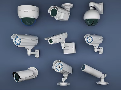 Assorted Security Surveillance Cameras Including Dome Bullet and Wall Mounted Types 3d model
