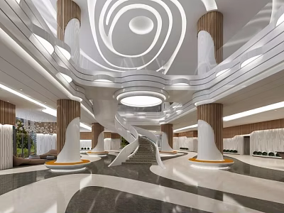 Modern Luxury Hotel Lobby With Spiral Ceiling Design Curved Staircase And Wooden Columns 3d model