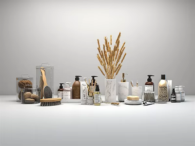 Elegant Bathroom Accessories on White Display Stand with Transparent Jars Brush Bottles and Wheat Vase 3d model