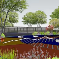 Colorful Outdoor Kids Play Area With Floor Patterns Trees Play Equipment And Water Pool