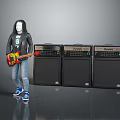 Electric Guitar And Three Black Amplifiers As Professional Music Performance Equipment