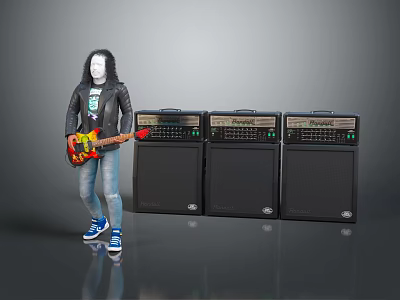Electric Guitar And Three Black Amplifiers As Professional Music Performance Equipment 3d model