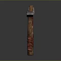 Three Ancient Weapons With Wooden Handles Shovel Shaped Metal Heads And Red Wraps