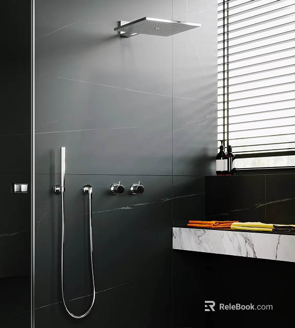 Sleek Shower System with Handheld Sprayer in Dark Gray Tiled Bathroom with Marble Countertop 3d model 