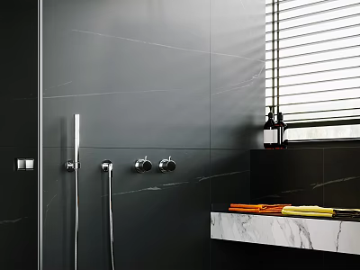 Sleek Shower System with Handheld Sprayer in Dark Gray Tiled Bathroom with Marble Countertop 3d model