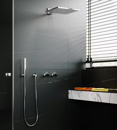 Sleek Shower System with Handheld Sprayer in Dark Gray Tiled Bathroom with Marble Countertop 3d model