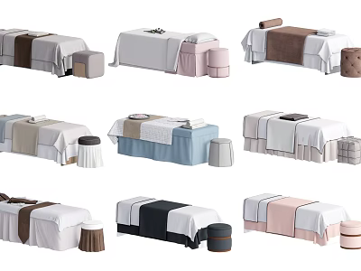 Massage Beds with Diverse Colored Sheets and Matching Stools for Spa Environments 3d model