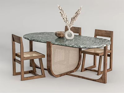 Elegant Oval Dining Table Set with Green Marble Top and Wooden Woven Chairs 3d model