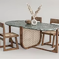 Elegant Oval Dining Table Set with Green Marble Top and Wooden Woven Chairs