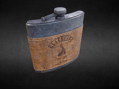 Vintage Leather Wrapped Black Metal Flask With Engraved Text And Logo Design 3d model
