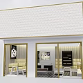 Modern Boutique With Open Space White Wooden Decor Display Shelves Sofa Seating And Striped Flooring