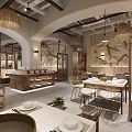 Hotpot Restaurant Interior With Rattan Pendant Lights Wooden Tables And Decorative Wall