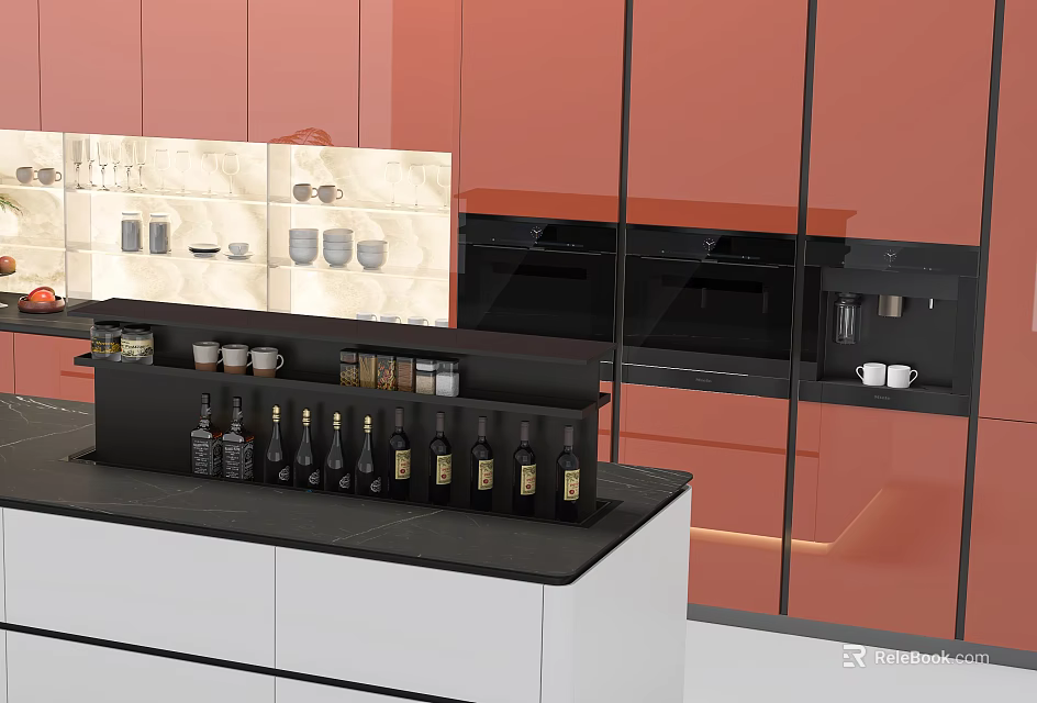 Red Kitchen Cabinets With Black Countertop Bottles Containers And Tile Backsplash 3d model 