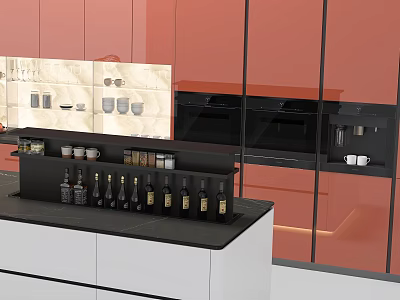 Red Kitchen Cabinets With Black Countertop Bottles Containers And Tile Backsplash 3d model