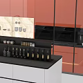 Red Kitchen Cabinets With Black Countertop Bottles Containers And Tile Backsplash