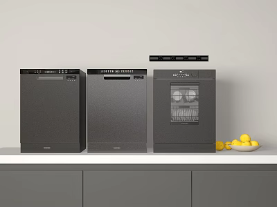 Modern Black Kitchen Appliances On White Countertop With Gray Cabinets And Yellow Lemons 3d model