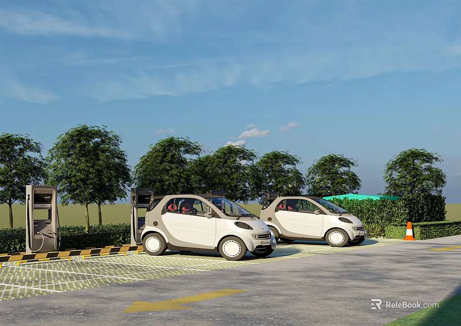 Parking Lot With Electric Vehicle Charging Stations And White Cars Near Trees 3d model 