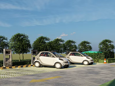 Parking Lot With Electric Vehicle Charging Stations And White Cars Near Trees 3d model