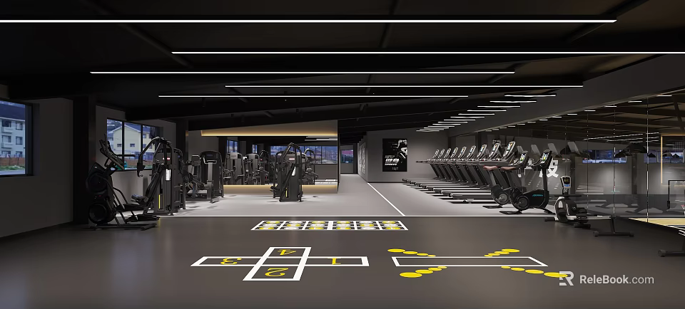 Modern Fitness Gym With Various Workout Equipment Treadmills Strength Machines And Functional Training Marked Floor 3d model 