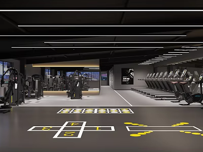 Modern Fitness Gym With Various Workout Equipment Treadmills Strength Machines And Functional Training Marked Floor 3d model