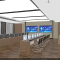 Modern Conference Room with Multiple Computer Monitors Long Tables Chairs and Large Screens 3d model