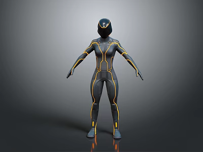 Futuristic 3D Game and Movie Character in Dark Form Fitting Suit With Yellow Accents 3d model