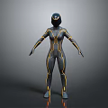 Futuristic 3D Game and Movie Character in Dark Form Fitting Suit With Yellow Accents