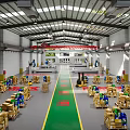 Industrial Factory Workshop With Machinery Equipment Green Yellow Pathway And Red Overhead Crane